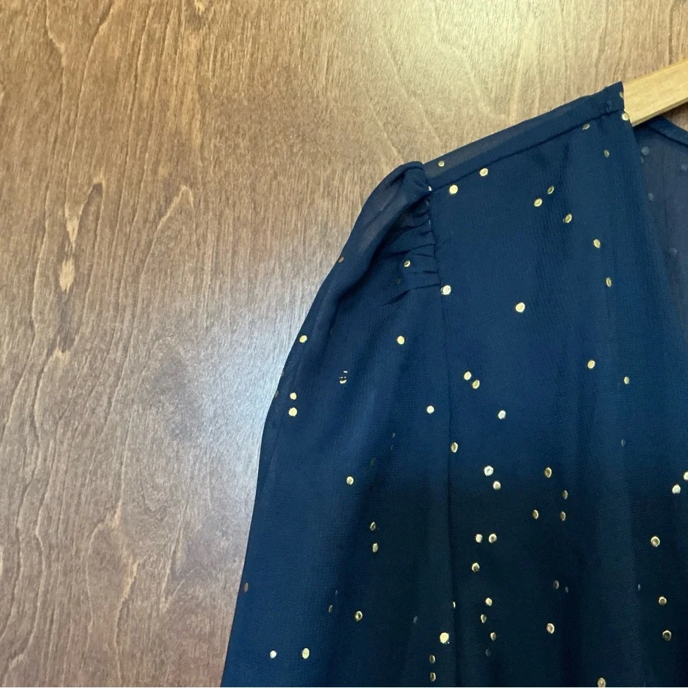 Soieblu Semi Sheer High Low Lined Maxi Dress Navy Button Up Sparkly Gold Dots L - Picture 5 of 8